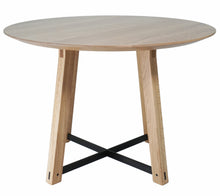 Load image into Gallery viewer, Modern round dining table. Handmade in the USA. With a tapered pedestal legs with blackened steel supports. Great for small spaces
