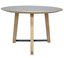 Load image into Gallery viewer, Modern round dining table. Handmade in the us. With a tapered pedestal legs with blackened steel supports.
